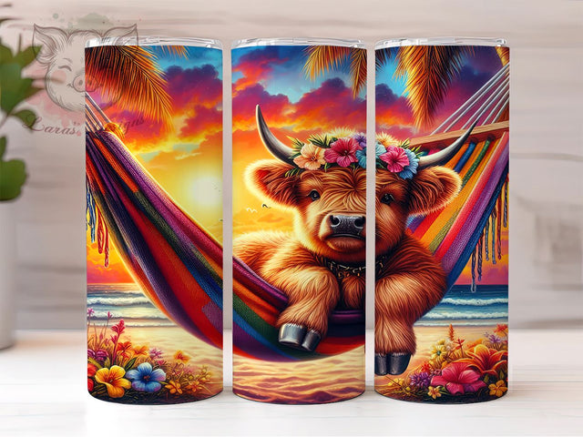 Tropical Highland Cow 20 oz Skinny Tumbler Sublimation Design, Straight & Tapered Tumbler Png, Highland Cow Tumbler Png, Digital Download PNG Sublimation Lara' s Designs 