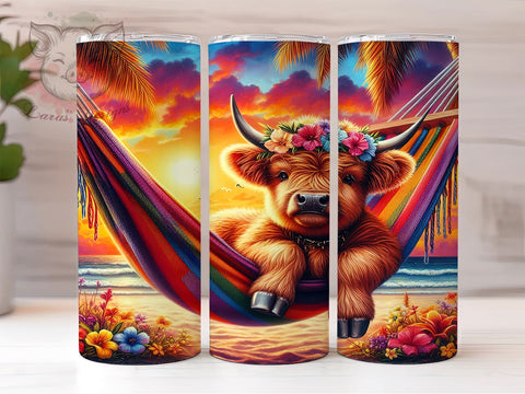 Tropical Highland Cow 20 oz Skinny Tumbler Sublimation Design, Straight & Tapered Tumbler Png, Highland Cow Tumbler Png, Digital Download PNG Sublimation Lara' s Designs 