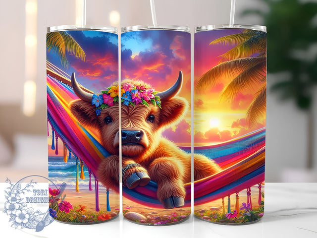 Tropical Highland Cow 20oz Skinny Tumbler PNG, Highland Cow Tumbler Sublimation Wrap, Straight & Tapered Tumbler Wrap, Instant Digital Download Sublimation ToriDesigns 