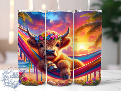 Tropical Highland Cow 20oz Skinny Tumbler PNG, Highland Cow Tumbler Sublimation Wrap, Straight & Tapered Tumbler Wrap, Instant Digital Download Sublimation ToriDesigns 