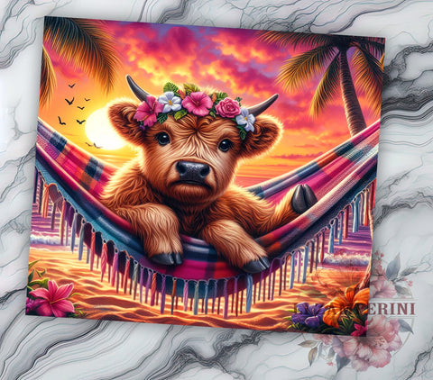 Tropical Highland Cow 20oz Tumbler Wrap PNG, Highland Cow Tumbler PNG Sublimation Design, Straight & Tapered Tumbler Wrap, Instant Digital Download Sublimation Li Zamperini 