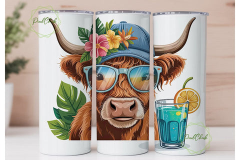 Tropical Highland Cow 20oz Tumbler Wrap Sublimation PixelChick 