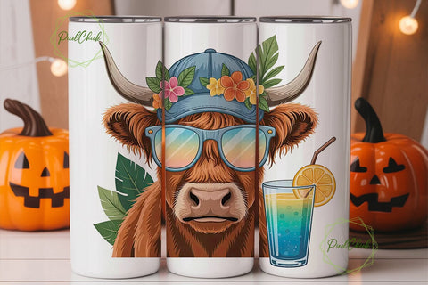 Tropical Highland Cow 20oz Tumbler Wrap Sublimation PixelChick 