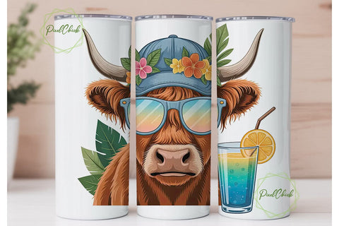 Tropical Highland Cow 20oz Tumbler Wrap Sublimation PixelChick 