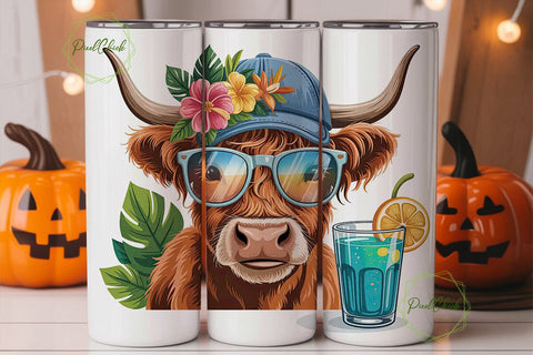 Tropical Highland Cow 20oz Tumbler Wrap Sublimation PixelChick 
