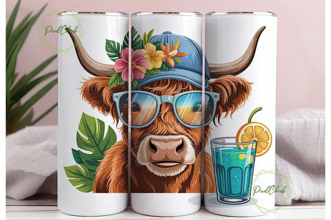 Tropical Highland Cow 20oz Tumbler Wrap Sublimation PixelChick 