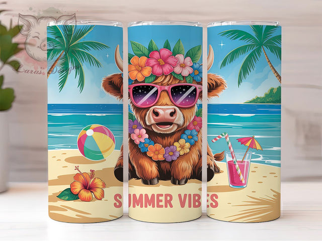 Tropical Highland Cow 20oz Tumbler Wrap, Tropical Beach Cow, Summer Vibes Design, Cow Sublimation PNG, 20oz Tumbler Wrap, Rustic Tropical Vibes, Farmhouse Cow Wrap Sublimation Lara' s Designs 