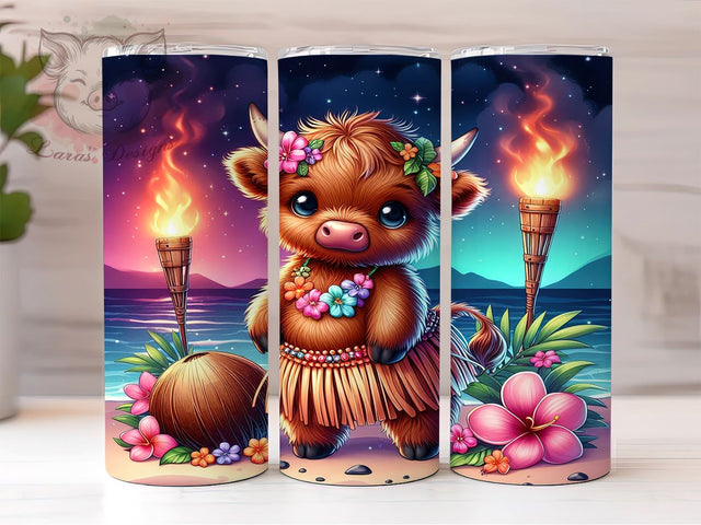 Tropical Highland Cow Luau 20 oz Skinny Tumbler Sublimation Design, Straight & Tapered Tumbler Png, Highland Cow Tumbler Png, Digital Download PNG Sublimation Lara' s Designs 