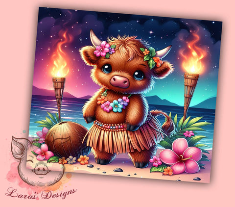 Tropical Highland Cow Luau 20 oz Skinny Tumbler Sublimation Design, Straight & Tapered Tumbler Png, Highland Cow Tumbler Png, Digital Download PNG Sublimation Lara' s Designs 