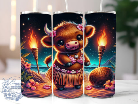Tropical Highland Cow Luau 20oz Skinny Tumbler PNG, Baby Highland Cow Tumbler Sublimation Wrap, Straight & Tapered Tumbler Wrap, Instant Digital Download Sublimation ToriDesigns 