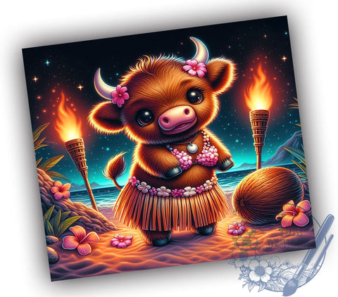 Tropical Highland Cow Luau 20oz Skinny Tumbler PNG, Baby Highland Cow Tumbler Sublimation Wrap, Straight & Tapered Tumbler Wrap, Instant Digital Download Sublimation ToriDesigns 