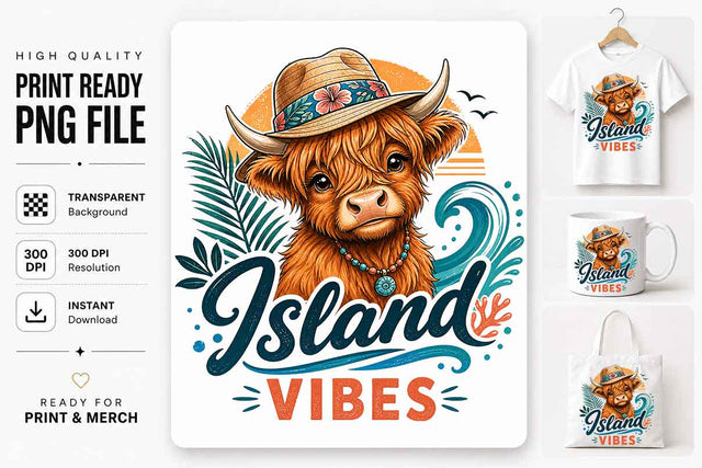 Tropical Highland Cow PNG | Island Vibes Sublimation Digital Download SVG BillahCrafts 