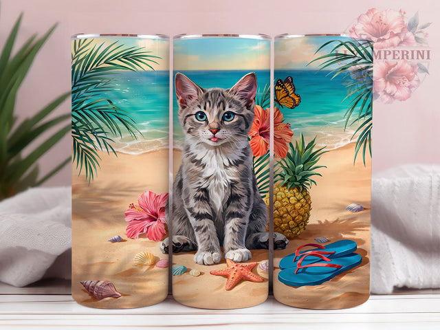 Tropical Kitten Beach 20oz Tumbler, Kitten Motif, Tropical Theme, Beach Vibes, Playful Style, Whimsical Charm, Skinny Tumbler, Sublimation PNG Sublimation Li Zamperini 