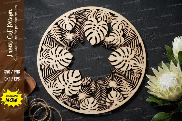 Tropical Leaf Mandala Laser Cut, leaf mandala svg, tropical leaf svg, SVG Regulrcrative 