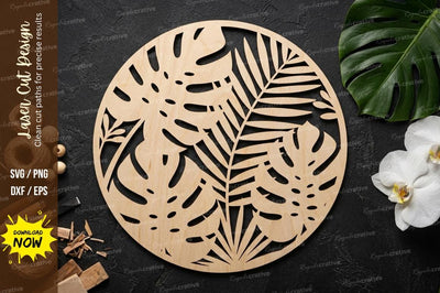 Tropical Leaf Round Laser Cut SVG Design | Modern Botanical Circle Pattern for Crafts SVG Regulrcrative 