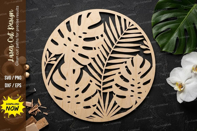 Tropical Leaf Round Laser Cut SVG Design | Modern Botanical Circle Pattern for Crafts SVG Regulrcrative 