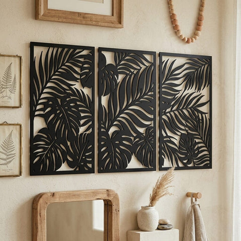 Tropical Leaf Wall Art Laser SVG | 3 Panel Metal Wall Art | CNC Plasma Cut Files | Palm Monstera Laser Cut DXF Eps | Outdoor Decor Sign SVG HappyDesignStudio 