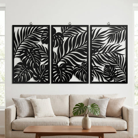 Tropical Leaf Wall Art Laser SVG | 3 Panel Metal Wall Art | CNC Plasma Cut Files | Palm Monstera Laser Cut DXF Eps | Outdoor Decor Sign SVG HappyDesignStudio 