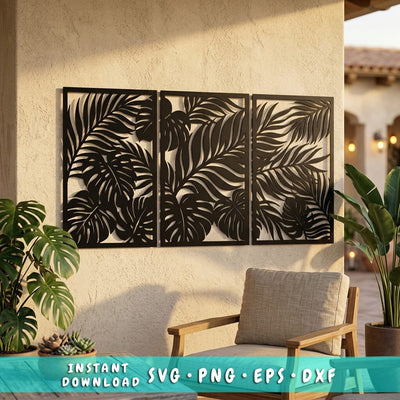 Tropical Leaf Wall Art Laser SVG | 3 Panel Metal Wall Art | CNC Plasma Cut Files | Palm Monstera Laser Cut DXF Eps | Outdoor Decor Sign SVG HappyDesignStudio 