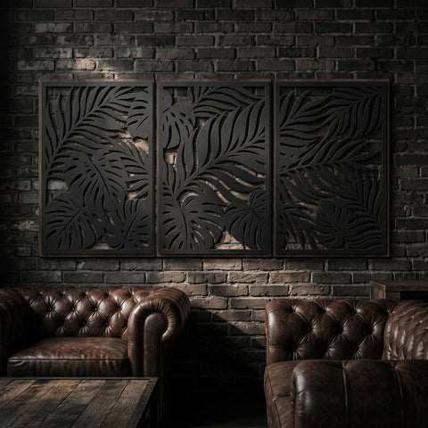 Tropical Leaf Wall Art Laser SVG | 3 Panel Metal Wall Art | CNC Plasma Cut Files | Palm Monstera Laser Cut DXF Eps | Outdoor Decor Sign SVG HappyDesignStudio 