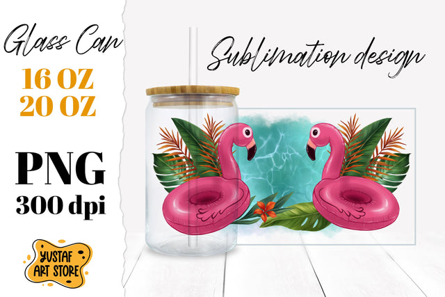 Tropical leaves and flamingo Glass Can. Summer glass can Sublimation Yustaf Art Store 