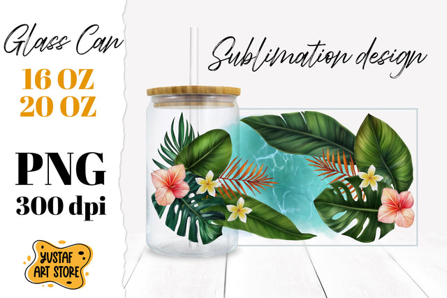 Tropical leaves and flowers Glass Can. Summer glass can Sublimation Yustaf Art Store 