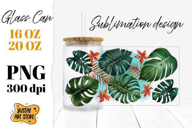 Tropical leaves and flowers Glass Can. Summer glass can Sublimation Yustaf Art Store 