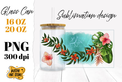 Tropical leaves and flowers Glass Can. Summer glass can Sublimation Yustaf Art Store 