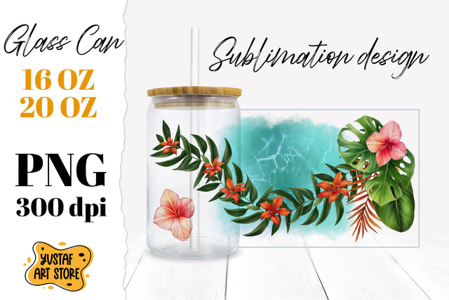 Tropical leaves and flowers Glass Can. Summer glass can Sublimation Yustaf Art Store 