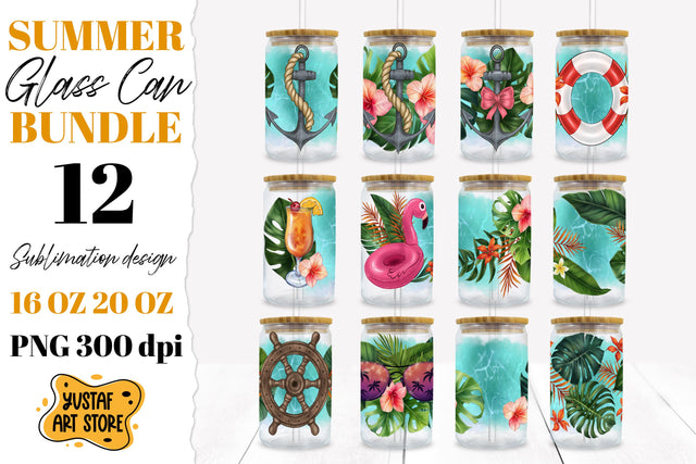 Tropical leaves Glass Can. Summer glass can Bundle 12 design Sublimation Yustaf Art Store 