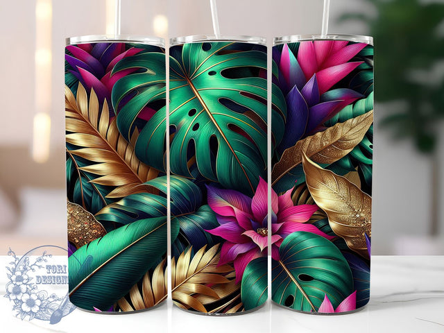 Tropical Leaves Gold Accent Luxe Greenery Tumbler, Gold Accent Tumbler, 20oz Sublimation Wrap, Foliage Tumbler Design, Greenery Gold Tumbler, Luxe Tropical PNG, Digital Tumbler Art Sublimation ToriDesigns 