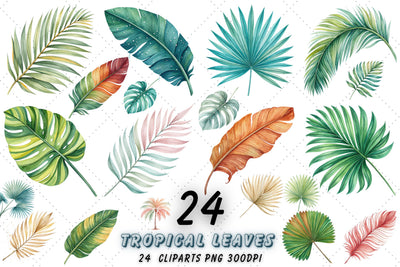 Tropical Leaves PNG, Watercolor Tropical Leaf Clipart Bundle, Greenery Clipart, Leaves Border, Foliage, Summer, Digital Download Sublimation FloridPrintables 