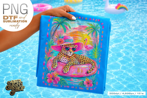 Tropical Leopard png, Pink Pool Float Summer Design DTF Sublimation The Vintage Signs Shop 