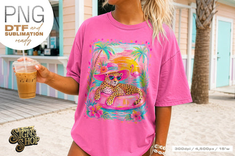 Tropical Leopard png, Pink Pool Float Summer Design DTF Sublimation The Vintage Signs Shop 