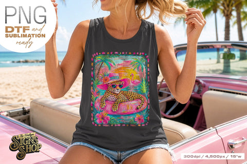 Tropical Leopard png, Pink Pool Float Summer Design DTF Sublimation The Vintage Signs Shop 
