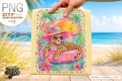 Tropical Leopard png, Pink Pool Float Summer Design DTF Sublimation The Vintage Signs Shop 