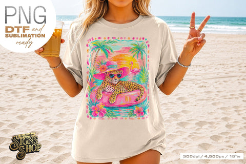 Tropical Leopard png, Pink Pool Float Summer Design DTF Sublimation The Vintage Signs Shop 
