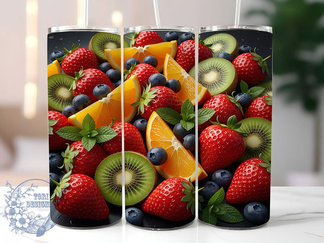 Tropical Mixed Fruit Tumbler, Strawberry Citrus Kiwi Theme, Blueberry Mint Wrap, Vibrant Summer Design, Seamless Artistic Motif, Fresh Botanical Print, Colorful Tropical Style, Refreshing Seasonal Theme, Sublimation ToriDesigns 