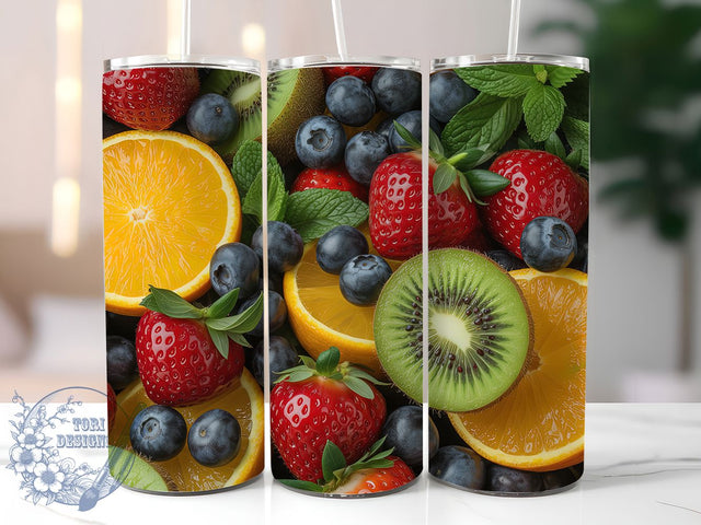 Tropical Mixed Fruit Tumbler, Strawberry Citrus Kiwi Theme, Blueberry Mint Wrap, Vibrant Summer Design, Seamless Artistic Motif, Fresh Botanical Print, Colorful Tropical Style, Refreshing Seasonal Theme, Sublimation ToriDesigns 