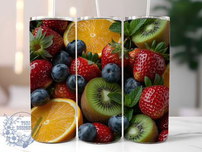 Tropical Mixed Fruit Tumbler, Strawberry Citrus Kiwi Theme, Blueberry Mint Wrap, Vibrant Summer Design, Seamless Artistic Motif, Fresh Botanical Print, Colorful Tropical Style, Refreshing Seasonal Theme, Sublimation ToriDesigns 