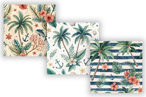 Tropical Nautical Digital Paper Pack, Seamless Watercolor Beach Pattern Bundle, Printable Scrapbook Paper, Exotic Coastal Design Collection Digital Pattern FloridPrintables 