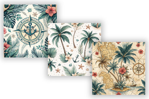 Tropical Nautical Digital Paper Pack, Seamless Watercolor Beach Pattern Bundle, Printable Scrapbook Paper, Exotic Coastal Design Collection Digital Pattern FloridPrintables 