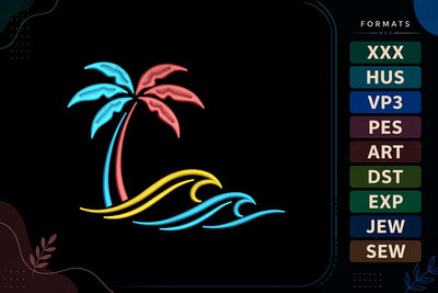 Tropical Palm Tree and Ocean Waves Summer Embroidery Design Embroidery/Applique DESIGNS sg embroidery 