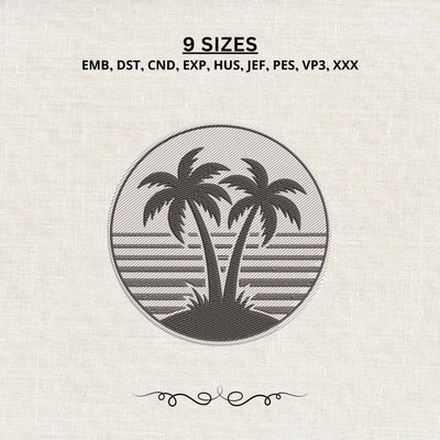 Tropical Palm Trees Embroidery Design – Beach Sunset Circle Summer Vacation Machine Embroidery File Embroidery/Applique DESIGNS PatternFeed8 