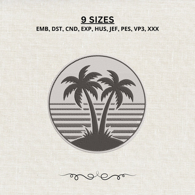 Tropical Palm Trees Embroidery Design – Beach Sunset Circle Summer Vacation Machine Embroidery File Embroidery/Applique DESIGNS PatternFeed8 