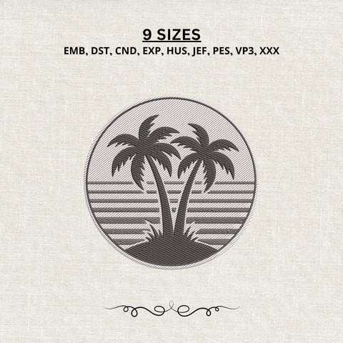 Tropical Palm Trees Embroidery Design – Beach Sunset Circle Summer Vacation Machine Embroidery File Embroidery/Applique DESIGNS PatternFeed8 
