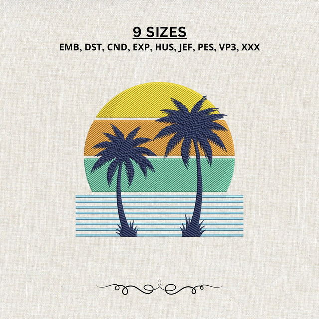 Tropical Palm Trees Retro Sunset Embroidery Design – Beach Waves Summer Vacation Machine Embroidery File Embroidery/Applique DESIGNS PatternFeed8 