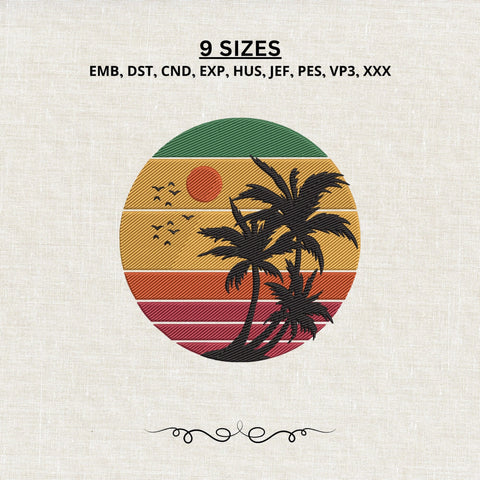 Tropical Palm Trees Retro Sunset Embroidery Design – Vintage Circle Beach Summer Vacation Machine Embroidery File Embroidery/Applique DESIGNS PatternFeed8 