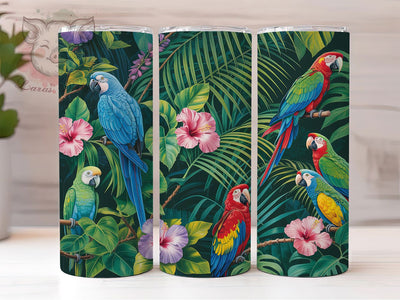 Tropical Parrot Hibiscus Tumbler, Hibiscus Flower, Monstera Leaves, Exotic Bird Design, Island Vibes, Botanical Artwork, Tumbler Wrap, Sublimation Design, 20oz Tumbler, Jungle Theme Sublimation Lara' s Designs 