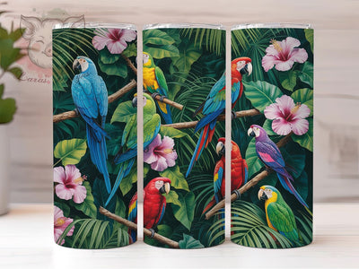Tropical Parrot Hibiscus Tumbler, Hibiscus Flower, Monstera Leaves, Exotic Bird Design, Island Vibes, Botanical Artwork, Tumbler Wrap, Sublimation Design, 20oz Tumbler, Jungle Theme Sublimation Lara' s Designs 